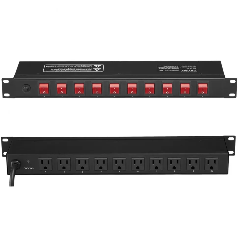VEVOR 1U PDU, 10 Outlets, Rack Mount Power Strip Fits Standard 19" Server Racks, with Independent Switch Surge Protection & Overload Protection, 110-125V/15A, Ideal for Home and Office