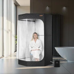 VEVOR Upgraded Portable Steam Sauna for Home, 1 Person Full Body Home Spa Tent with Steamer & 1 Foldable Chairs & Remote & Essential Oil Box,Heavy-Duty Stainless Steel Sauna Box, (Black,Pentagon)
