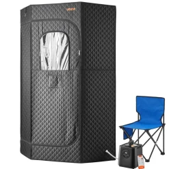 VEVOR Upgraded Portable Steam Sauna for Home, 1 Person Full Body Home Spa Tent with Steamer & 1 Foldable Chairs & Remote & Essential Oil Box,Heavy-Duty Stainless Steel Sauna Box, (Black,Pentagon)