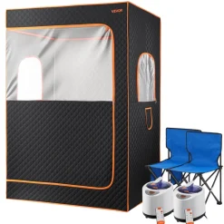 VEVOR Upgraded Portable Steam Sauna for Home, 2 Person Full Body Home Spa Tent with Steamer & 2 Foldable Chairs & Remote & 2 Essential Oil Boxes,Heavy-Duty Stainless Steel Frame Sauna Box, (Black)