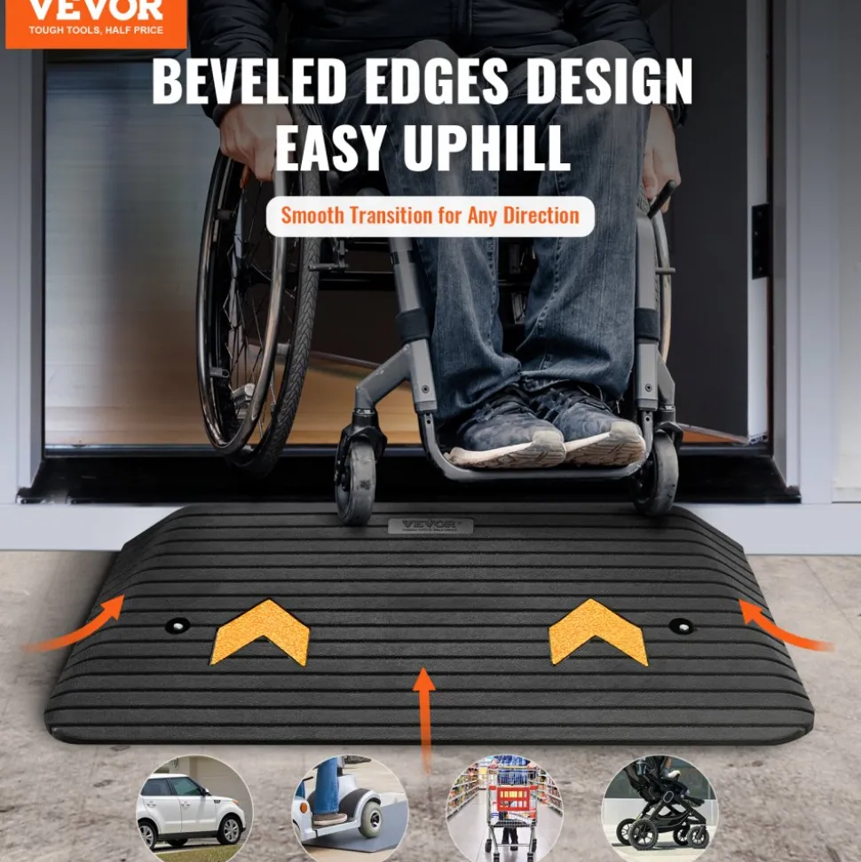 VEVOR Upgraded Rubber Threshold Ramp, 3" Rise Door Ramp with 1 Channel, Natural Rubber Car Ramp with Non-Slip Textured Surface, 33069 lbs Load Capacity Curb Ramp for Wheelchair and Scooter