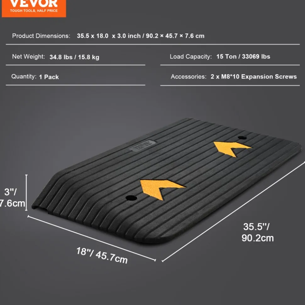 VEVOR Upgraded Rubber Threshold Ramp, 3" Rise Door Ramp with 1 Channel, Natural Rubber Car Ramp with Non-Slip Textured Surface, 33069 lbs Load Capacity Curb Ramp for Wheelchair and Scooter