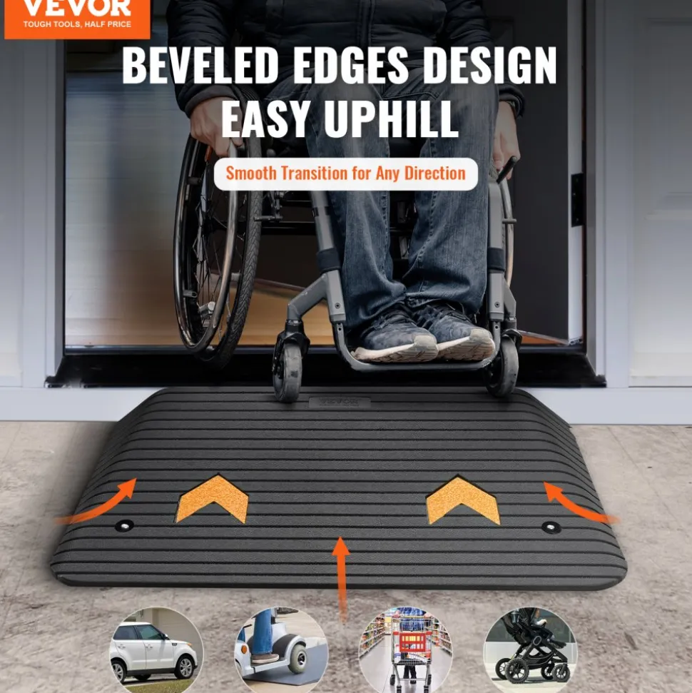 VEVOR Upgraded Rubber Threshold Ramp, 3.5" Rise Door Ramp with 1 Channel, Natural Rubber Car Ramp with Non-Slip Textured Surface, 33069 lbs Load Capacity Curb Ramp for Wheelchair and Scooter