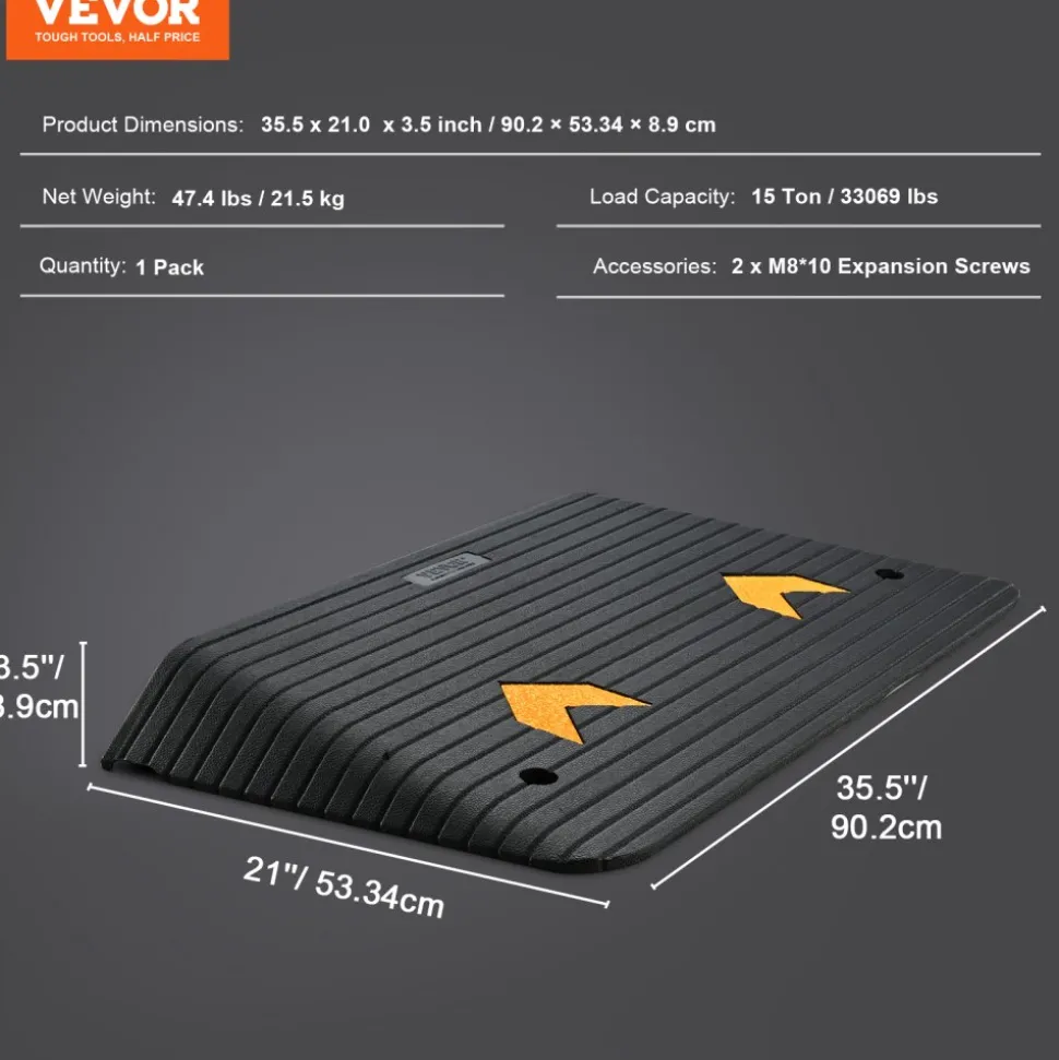 VEVOR Upgraded Rubber Threshold Ramp, 3.5" Rise Door Ramp with 1 Channel, Natural Rubber Car Ramp with Non-Slip Textured Surface, 33069 lbs Load Capacity Curb Ramp for Wheelchair and Scooter