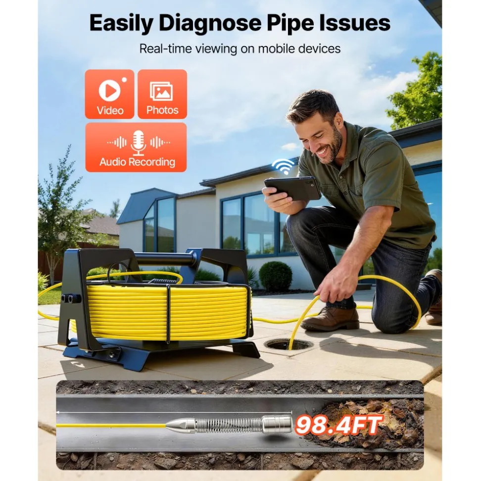 VEVOR 2026 Upgraded Sewer Camera with WiFi, 98.4ft/30m Drain Pipeline Camera, IP68 Snake Plumbing Cameras with Light- 12 LEDS, Wireless WiFi Connectivity to Phone/Tablet for Sewer Duct Pipe Inspection