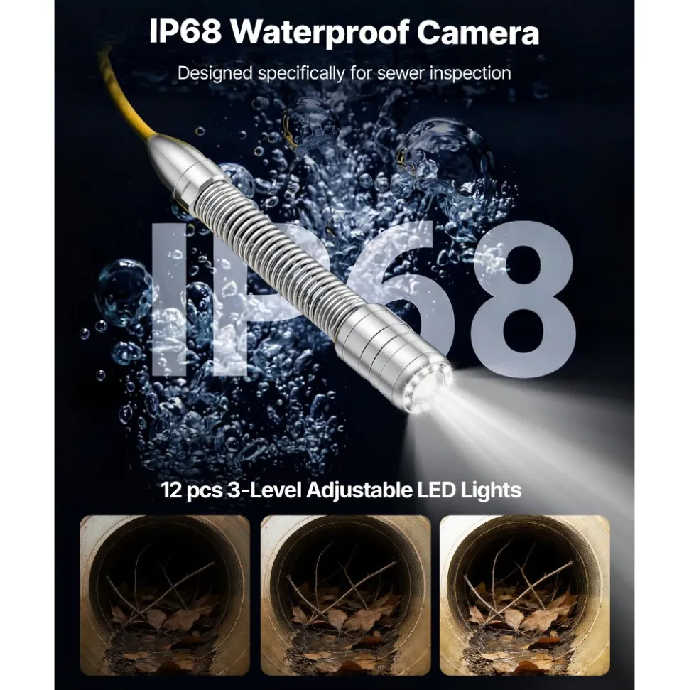 VEVOR 2026 Upgraded Sewer Camera with WiFi, 98.4ft/30m Drain Pipeline Camera, IP68 Snake Plumbing Cameras with Light- 12 LEDS, Wireless WiFi Connectivity to Phone/Tablet for Sewer Duct Pipe Inspection