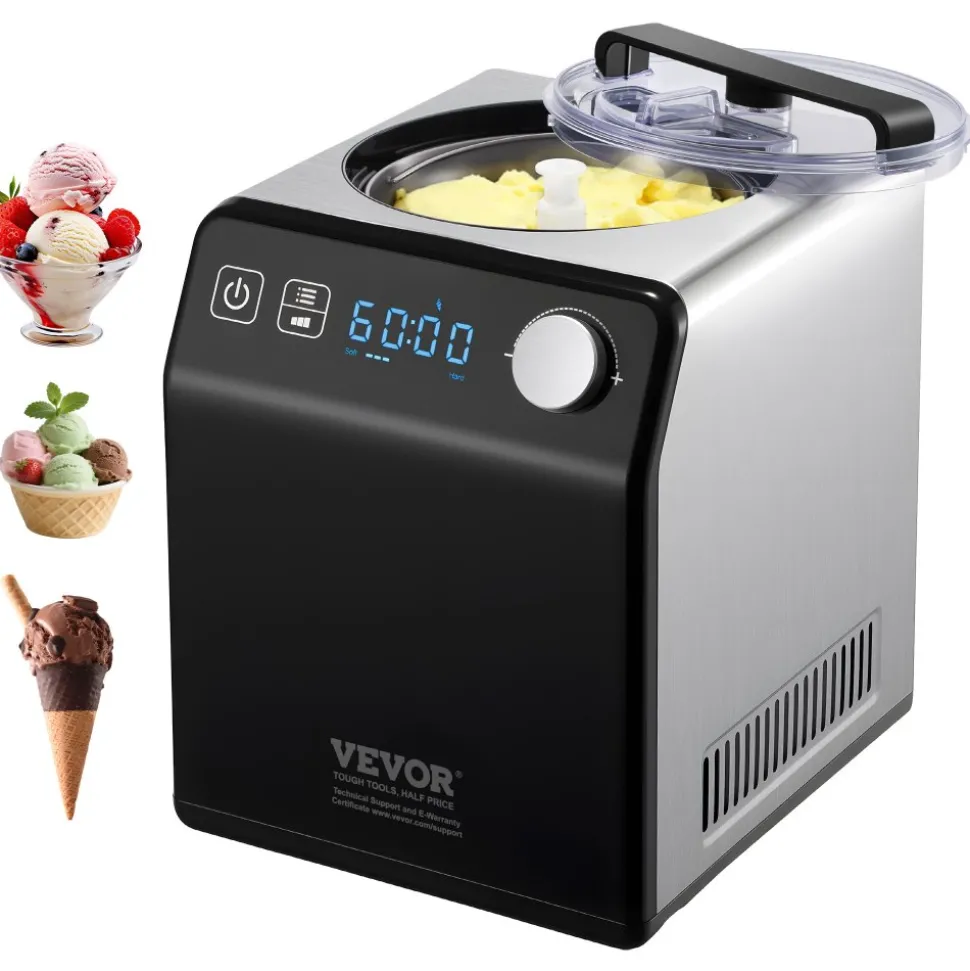 VEVOR Upright Automatic Ice Cream Maker with Built-in Compressor, 1 Quart No Pre-freezing Gelato Maker & Frozen Yogurt Machine, 4 Modes Electric Sorbet-Maker, Compressor Ice Cream Machine for Home