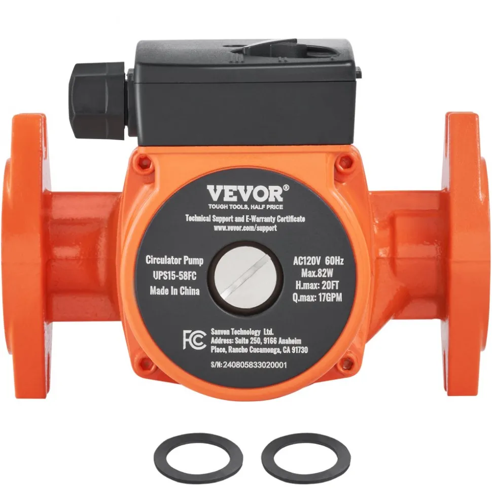 VEVOR UPS15-58FC Hot Water Recirculating Pump, 110V, 82W 17 GPM Hot Water Circulation Pump, 1" NPT Flange 3-Speed Circulator Pump, Quiet Operation Circulator Pump for Home Water Heater System