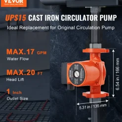 VEVOR UPS15-58FC Hot Water Recirculating Pump, 110V, 82W 17 GPM Hot Water Circulation Pump, 1