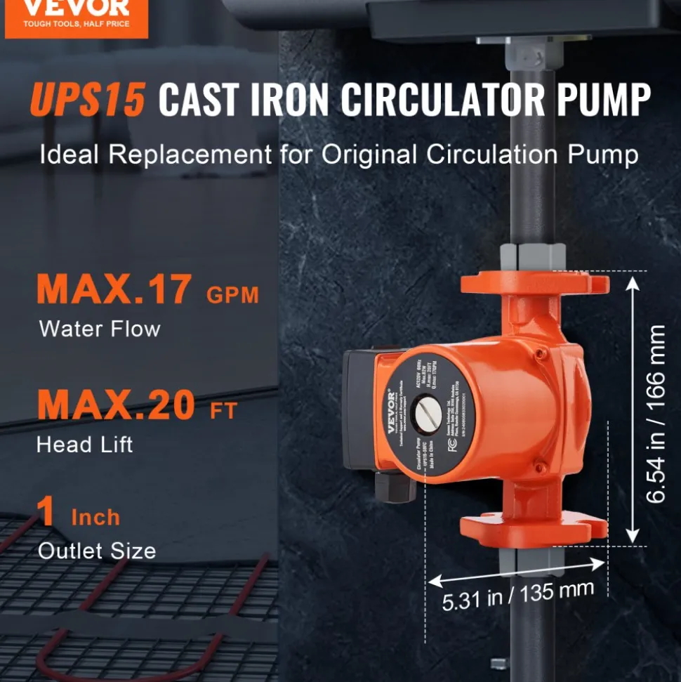 VEVOR UPS15-58FC Hot Water Recirculating Pump, 110V, 82W 17 GPM Hot Water Circulation Pump, 1" NPT Flange 3-Speed Circulator Pump, Quiet Operation Circulator Pump for Home Water Heater System