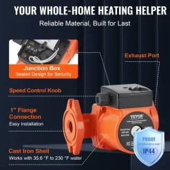 VEVOR UPS15-58FC Hot Water Recirculating Pump, 110V, 82W 17 GPM Hot Water Circulation Pump, 1
