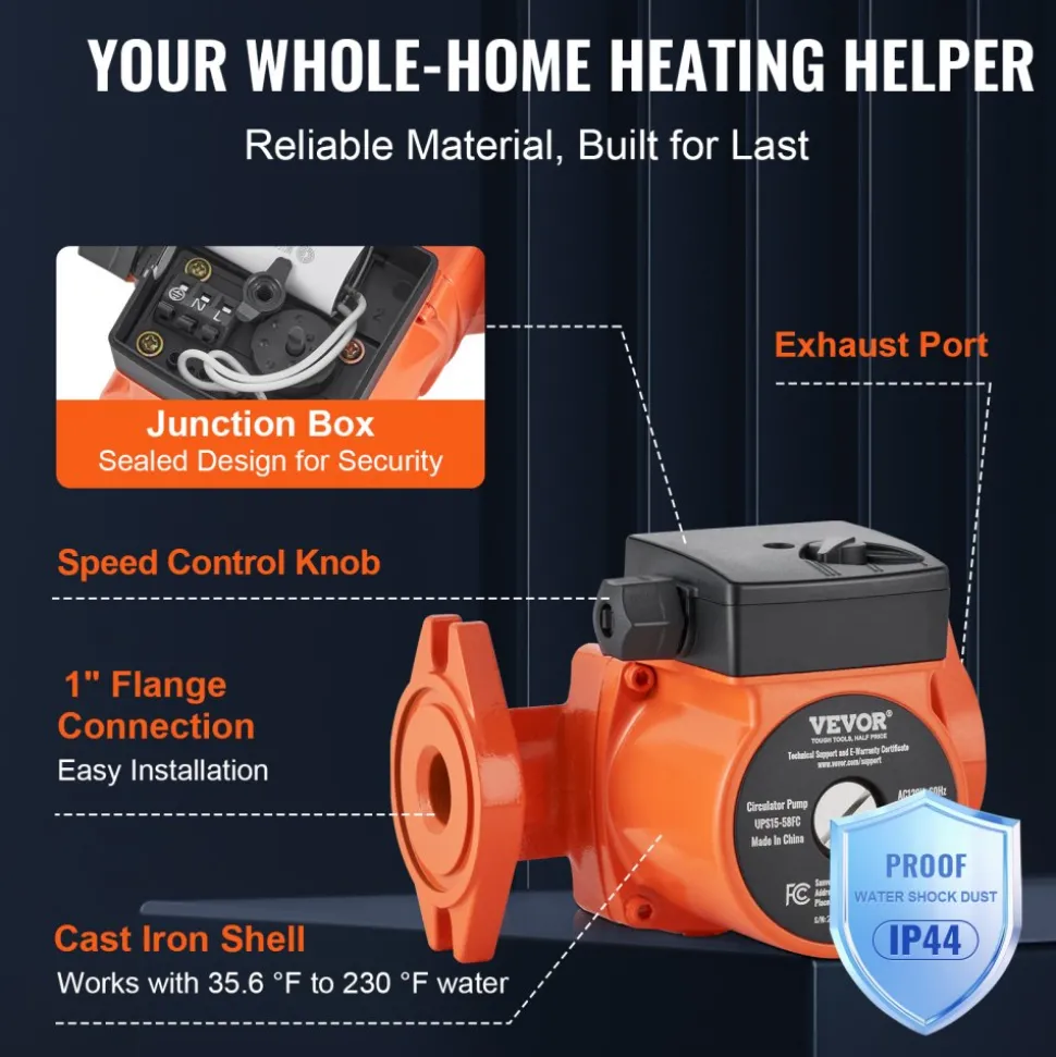VEVOR UPS15-58FC Hot Water Recirculating Pump, 110V, 82W 17 GPM Hot Water Circulation Pump, 1" NPT Flange 3-Speed Circulator Pump, Quiet Operation Circulator Pump for Home Water Heater System