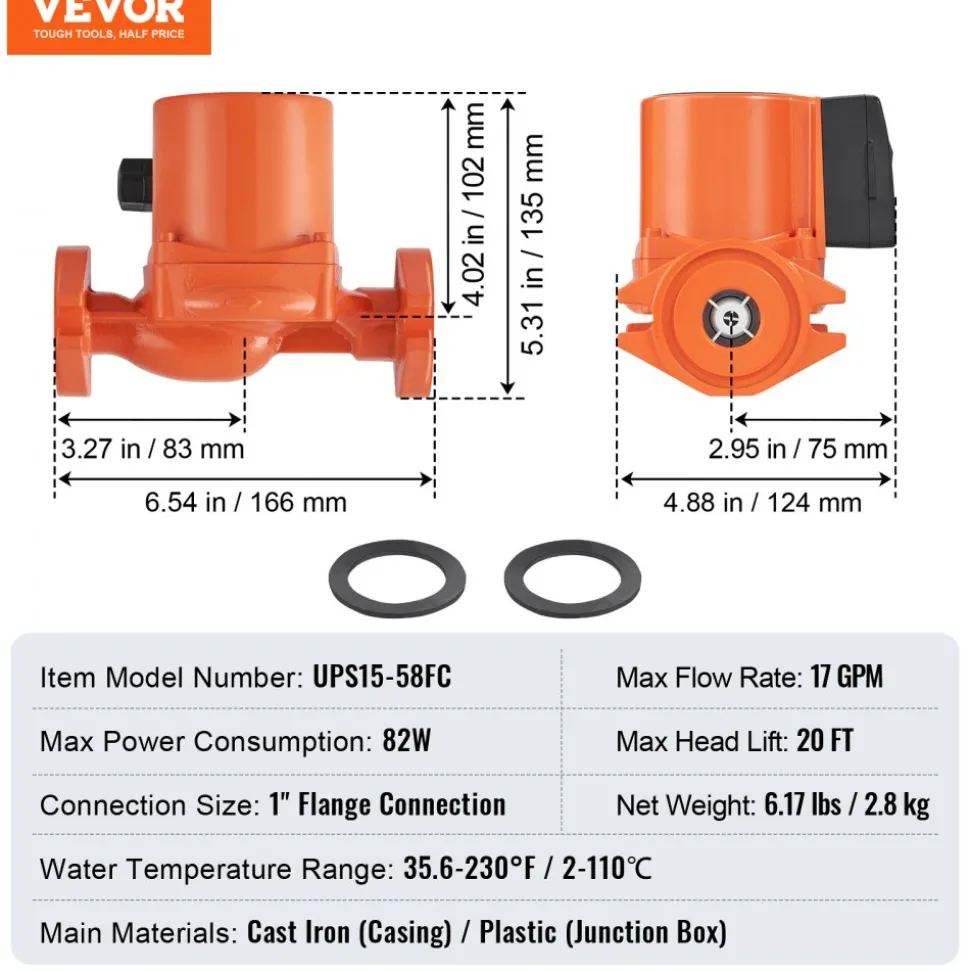 VEVOR UPS15-58FC Hot Water Recirculating Pump, 110V, 82W 17 GPM Hot Water Circulation Pump, 1" NPT Flange 3-Speed Circulator Pump, Quiet Operation Circulator Pump for Home Water Heater System