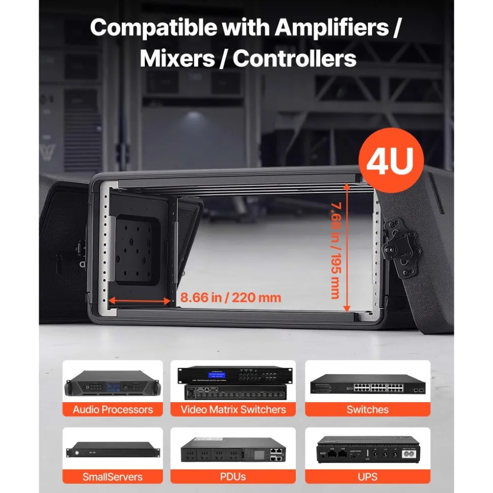 VEVOR 4U Rack Case, 12 in Depth, Rackmount Flight Case Shallow Rack with Microphone Compartment, Polyethylene Construction, Recessed Latches, Easy Installation, for Amplifier, 8.7 in Internal Depth