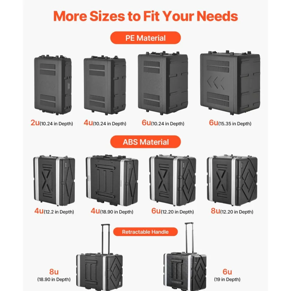 VEVOR 4U Rack Case, Standard 19 in Depth, Server Rack Cabinet with ABS Construction, Recessed Twist Latches, Detachable Front & Back Cover, Easy Installation, for Amplifiers, 18.4 in Internal Depth