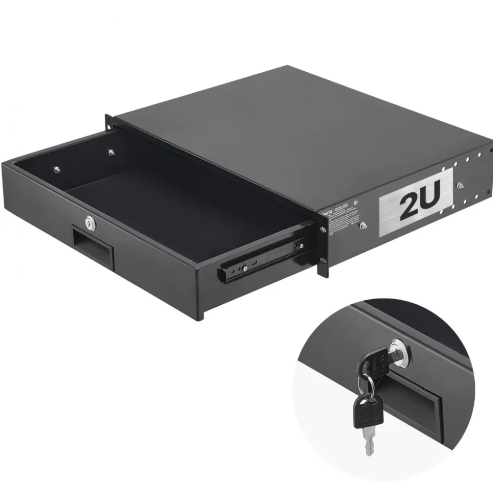 VEVOR 2U Rack Mount Drawer, 50 lbs Max Load-Bearing, Lockable Server Cabinet Case, Sliding Drawer with Lock and Cable Management Holes, for 19 in Network Equipment Server AV Rack or Cabinet Enclosure