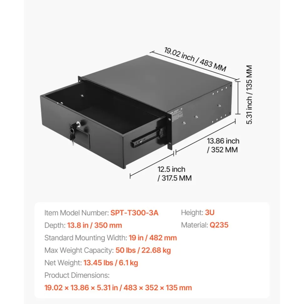 VEVOR 3U Rack Mount Drawer, 50 lbs Max Load-Bearing, Lockable Server Cabinet Case, Sliding Drawer with Lock and Cable Management Holes, for 19 in Network Equipment Server AV Rack or Cabinet Enclosure