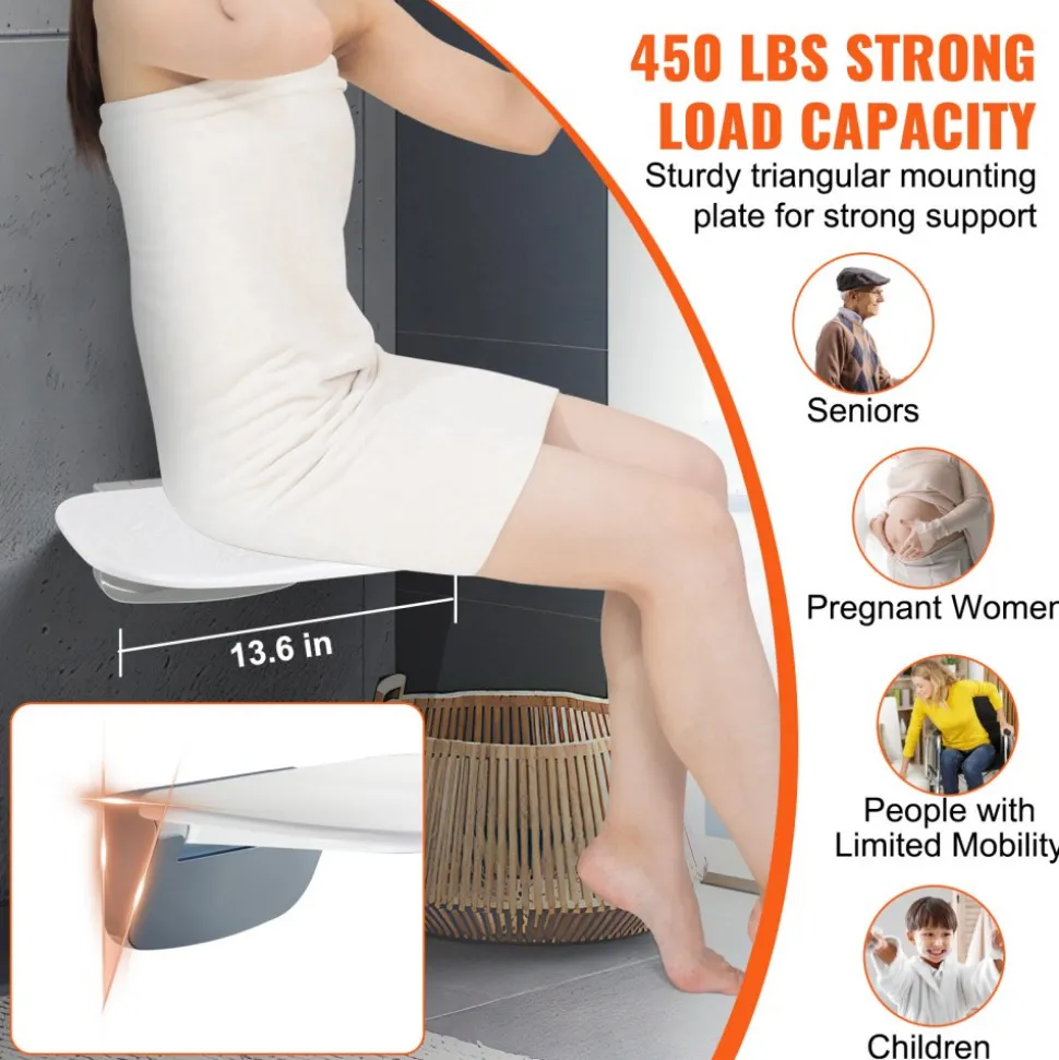 VEVOR Urea-formaldehyde Folding Shower Seat, 13.6'' x 12.8'' Unfolded, Wall Mounted Fold Up Shower Bench with 450 lbs Load Capacity, Space Saving Fold Down Shower Chair for Seniors Children Adults