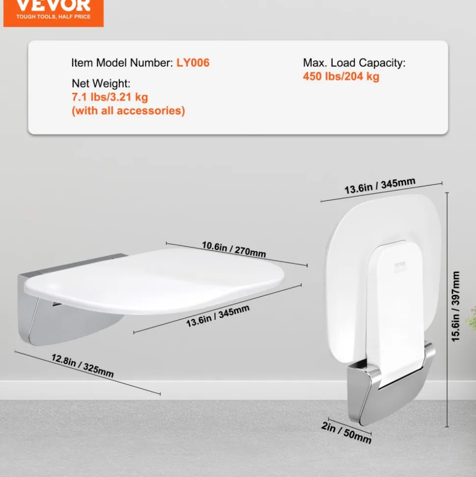VEVOR Urea-formaldehyde Folding Shower Seat, 13.6'' x 12.8'' Unfolded, Wall Mounted Fold Up Shower Bench with 450 lbs Load Capacity, Space Saving Fold Down Shower Chair for Seniors Children Adults