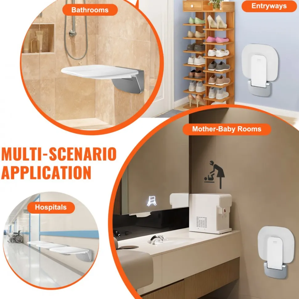 VEVOR Urea-formaldehyde Folding Shower Seat, 13.6'' x 12.8'' Unfolded, Wall Mounted Fold Up Shower Bench with 450 lbs Load Capacity, Space Saving Fold Down Shower Chair for Seniors Children Adults