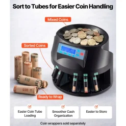 VEVOR USD Coin Counter & Coin Sorters with LCD Display, Coin Sorter Machine for USD Coin 1¢ 5¢ 10¢ 25¢ $1, Sorts up to 300 Coins/min, Change Counter Holds 2000 Coins Included 5 Coin Bins & 5 Tubes