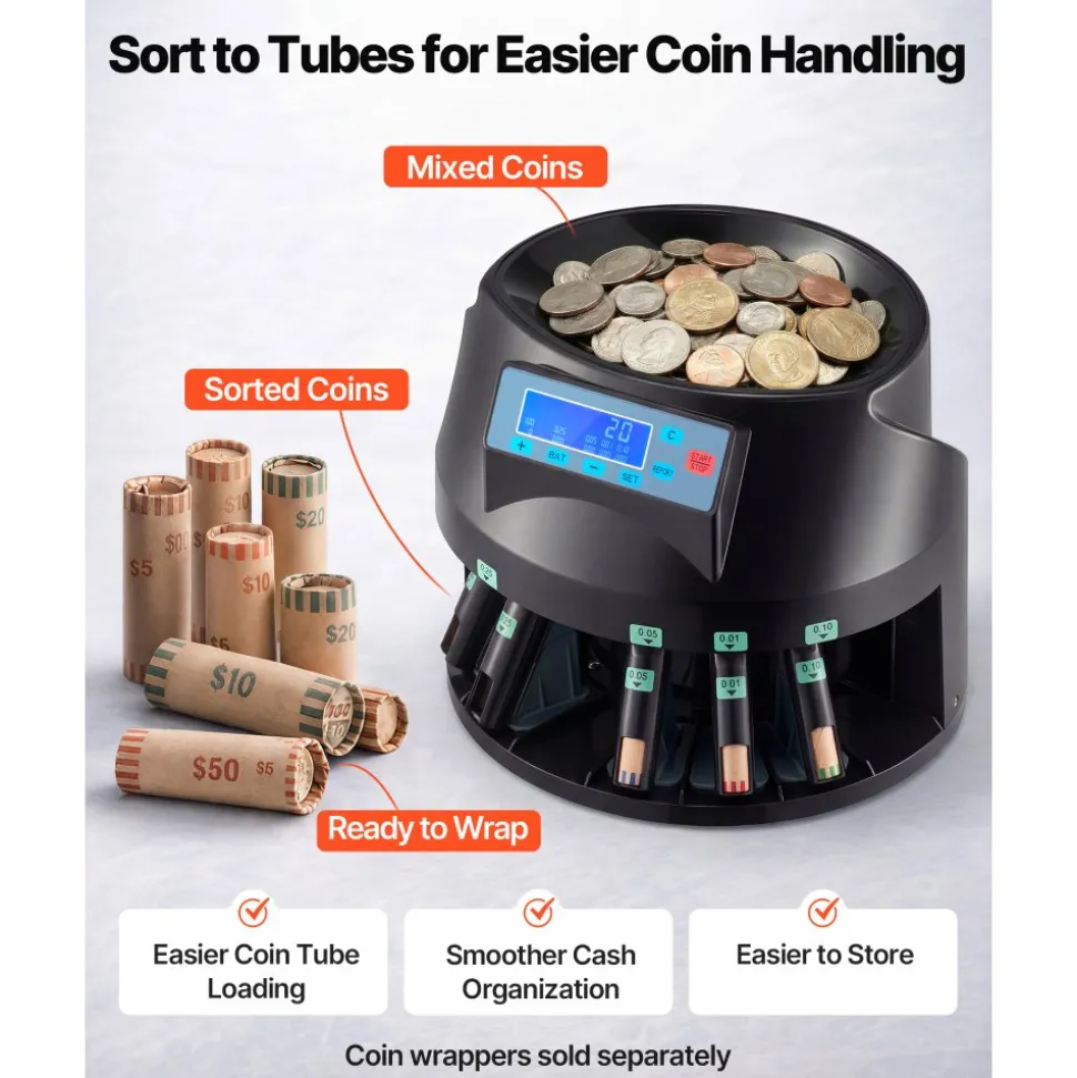 VEVOR USD Coin Counter & Coin Sorters with LCD Display, Coin Sorter Machine for USD Coin 1¢ 5¢ 10¢ 25¢ $1, Sorts up to 300 Coins/min, Change Counter Holds 2000 Coins Included 5 Coin Bins & 5 Tubes