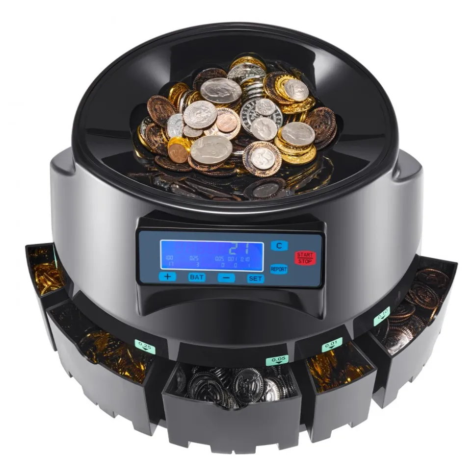 VEVOR USD Coin Counter & Coin Sorters with LCD Display, Coin Sorter Machine for USD Coin 1¢ 5¢ 10¢ 25¢ $1, Sorts up to 300 Coins/min, Change Counter Holds 2000 Coins Included 5 Coin Bins & 5 Tubes