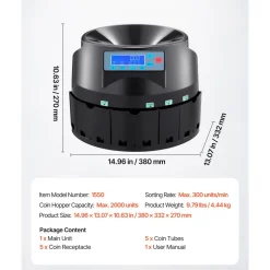 VEVOR USD Coin Counter & Coin Sorters with LCD Display, Coin Sorter Machine for USD Coin 1¢ 5¢ 10¢ 25¢ $1, Sorts up to 300 Coins/min, Change Counter Holds 2000 Coins Included 5 Coin Bins & 5 Tubes
