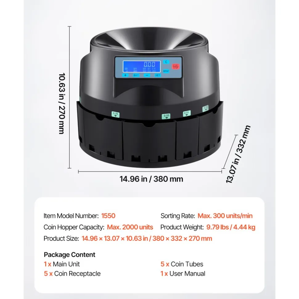VEVOR USD Coin Counter & Coin Sorters with LCD Display, Coin Sorter Machine for USD Coin 1¢ 5¢ 10¢ 25¢ $1, Sorts up to 300 Coins/min, Change Counter Holds 2000 Coins Included 5 Coin Bins & 5 Tubes