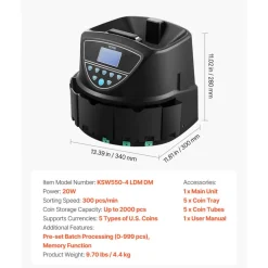 VEVOR USD Coin Sorter, Coin Counter Machine for 5 Kinds of USD Coins, Coin Sorter and Wrapper Machine Holds up to 2000 Coins, Screen Display Coin Storage Included 5 Coin Tubes and Boxes