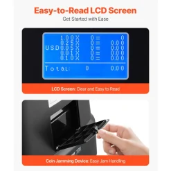 VEVOR USD Coin Sorter, Coin Counter Machine for 5 Kinds of USD Coins, Coin Sorter and Wrapper Machine Holds up to 2000 Coins, Screen Display Coin Storage Included 5 Coin Tubes and Boxes