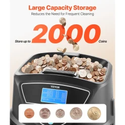 VEVOR USD Coin Sorter, Coin Counter Machine for 5 Kinds of USD Coins, Coin Sorter and Wrapper Machine Holds up to 2000 Coins, Screen Display Coin Storage Included 5 Coin Tubes and Boxes