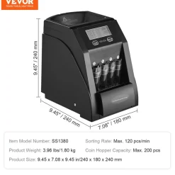 VEVOR USD Coin Sorter, Coin Counter Machine for 4 Kinds of USD Coins, Coin Sorter and Wrapper Machine Holds up to 200 Coins, LCD Screen Display Coin Storage Included 4 Coin Tubes and Boxes
