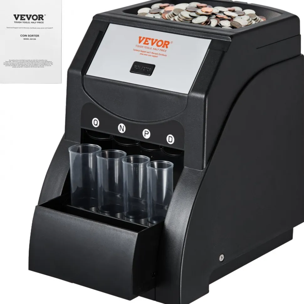 VEVOR USD Coin Sorter, Coin Sorter Machine for USD Coin 1¢ 5¢ 10¢ 25¢, Sorts up to 230 Coins/min, Coin Sorter and Wrapper Machine Holds 200 Coins Included 4 Coin Tubes, Black