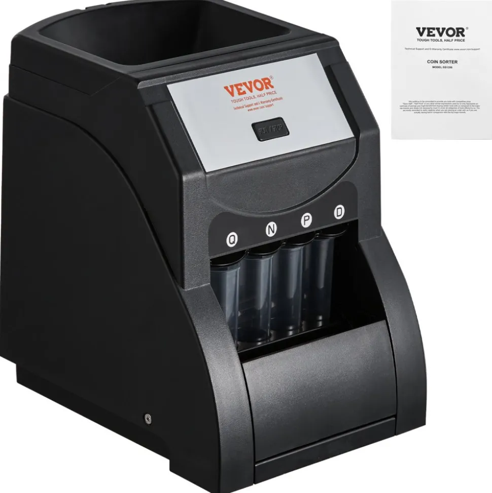 VEVOR USD Coin Sorter, Coin Sorter Machine for USD Coin 1¢ 5¢ 10¢ 25¢, Sorts up to 230 Coins/min, Coin Sorter and Wrapper Machine Holds 200 Coins Included 4 Coin Tubes, Black