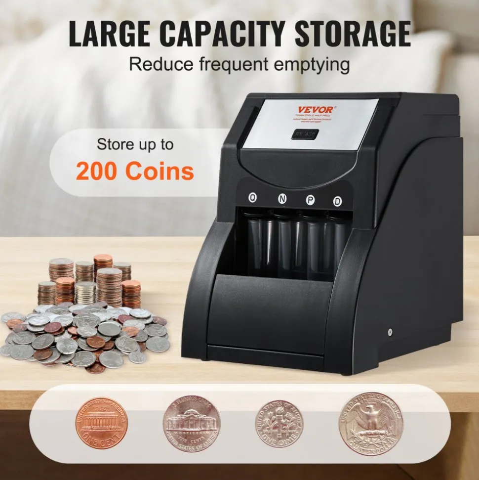 VEVOR USD Coin Sorter, Coin Sorter Machine for USD Coin 1¢ 5¢ 10¢ 25¢, Sorts up to 230 Coins/min, Coin Sorter and Wrapper Machine Holds 200 Coins Included 4 Coin Tubes, Black