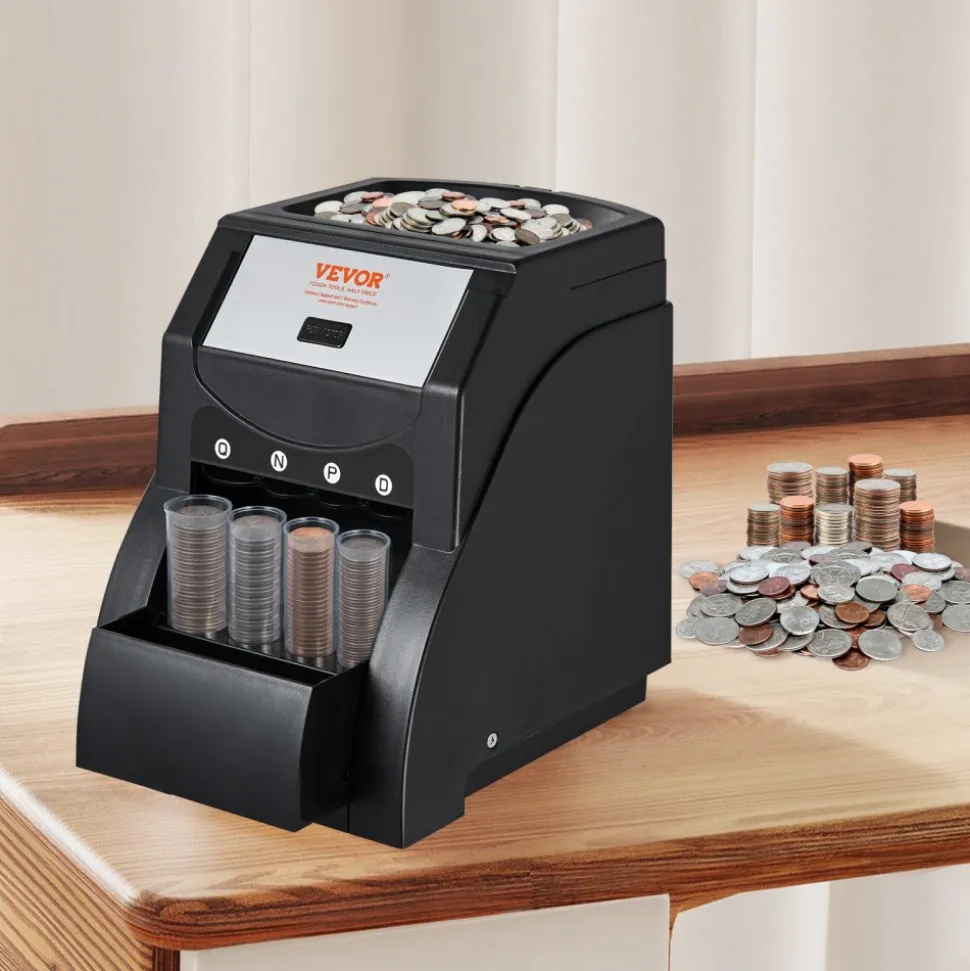 VEVOR USD Coin Sorter, Coin Sorter Machine for USD Coin 1¢ 5¢ 10¢ 25¢, Sorts up to 230 Coins/min, Coin Sorter and Wrapper Machine Holds 200 Coins Included 4 Coin Tubes, Black
