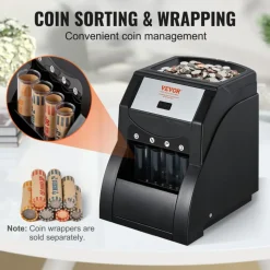 VEVOR USD Coin Sorter, Coin Sorter Machine for USD Coin 1¢ 5¢ 10¢ 25¢, Sorts up to 230 Coins/min, Coin Sorter and Wrapper Machine Holds 200 Coins Included 4 Coin Tubes, Black