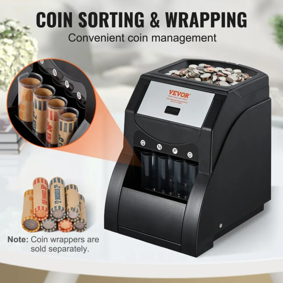 VEVOR USD Coin Sorter, Coin Sorter Machine for USD Coin 1¢ 5¢ 10¢ 25¢, Sorts up to 230 Coins/min, Coin Sorter and Wrapper Machine Holds 200 Coins Included 4 Coin Tubes, Black