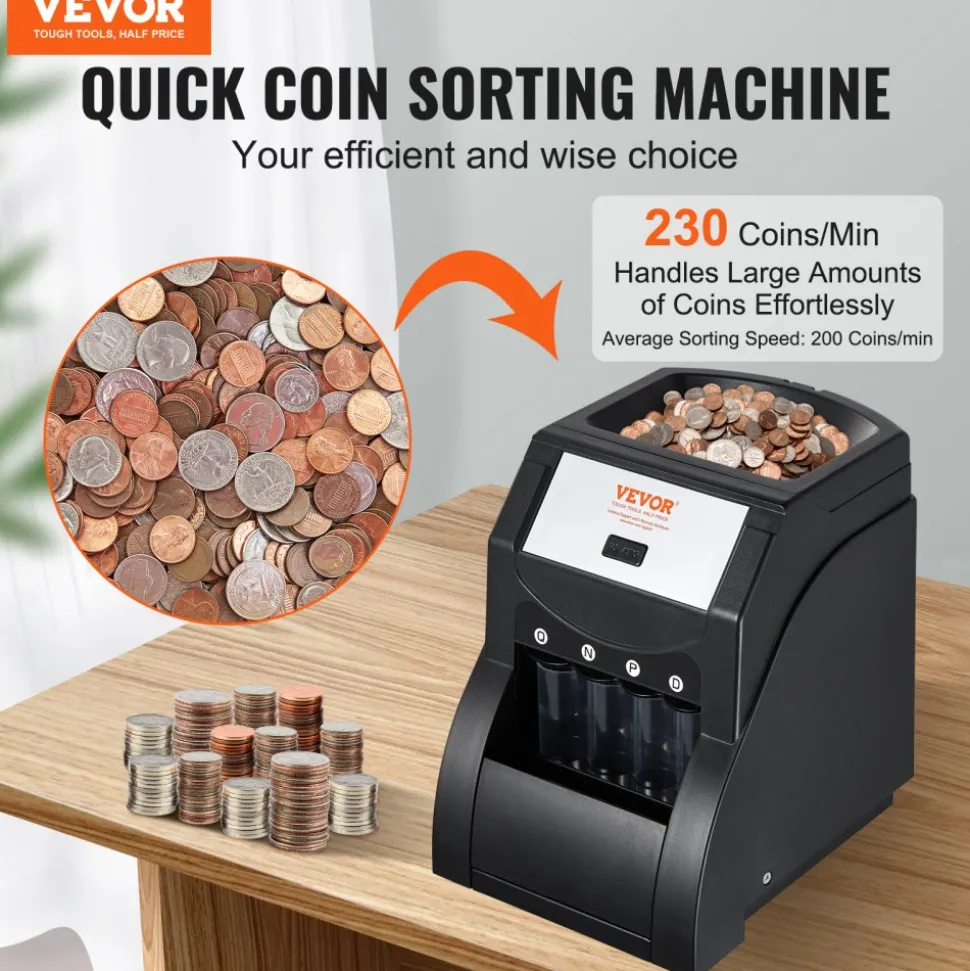 VEVOR USD Coin Sorter, Coin Sorter Machine for USD Coin 1¢ 5¢ 10¢ 25¢, Sorts up to 230 Coins/min, Coin Sorter and Wrapper Machine Holds 200 Coins Included 4 Coin Tubes, Black