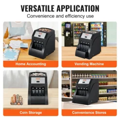 VEVOR USD Coin Sorter, Coin Sorter Machine for USD Coin 1¢ 5¢ 10¢ 25¢, Sorts up to 230 Coins/min, Coin Sorter and Wrapper Machine Holds 200 Coins Included 4 Coin Tubes, Black