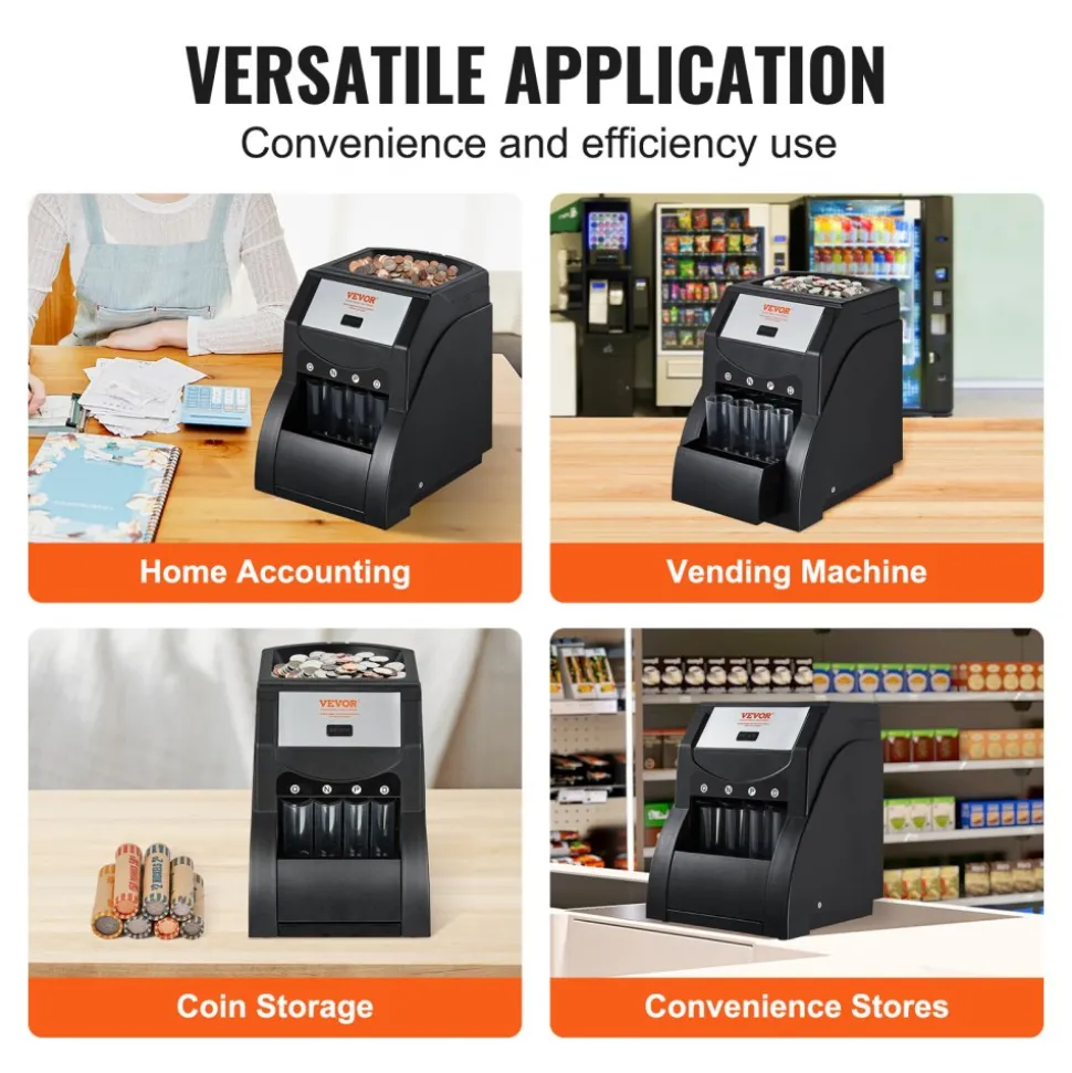 VEVOR USD Coin Sorter, Coin Sorter Machine for USD Coin 1¢ 5¢ 10¢ 25¢, Sorts up to 230 Coins/min, Coin Sorter and Wrapper Machine Holds 200 Coins Included 4 Coin Tubes, Black