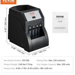 VEVOR USD Coin Sorter, Coin Sorter Machine for USD Coin 1¢ 5¢ 10¢ 25¢, Sorts up to 230 Coins/min, Coin Sorter and Wrapper Machine Holds 200 Coins Included 4 Coin Tubes, Black