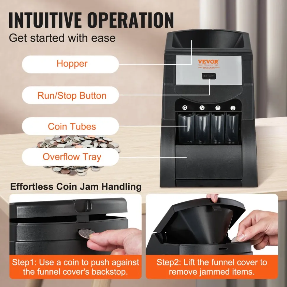 VEVOR USD Coin Sorter, Coin Sorter Machine for USD Coin 1¢ 5¢ 10¢ 25¢, Sorts up to 230 Coins/min, Coin Sorter and Wrapper Machine Holds 200 Coins Included 4 Coin Tubes, Black