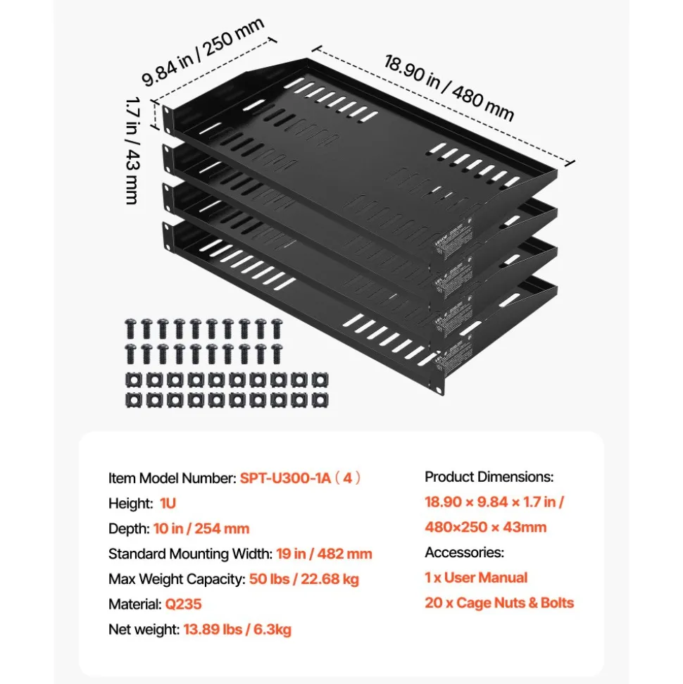 VEVOR 1U Server Rack Shelf, 4 PCS, 50 lbs Max Load-Bearing Vented Cantilever, Wall Mount or Rack Mount Shelf with Tray, 10 in Depth, Good Air Circulation for 19 Inch Cabinet Computer Network Equipment
