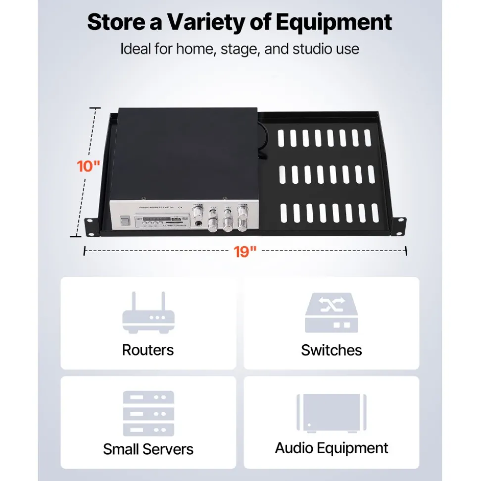 VEVOR 1U Server Rack Shelf, 4 PCS, 50 lbs Max Load-Bearing Vented Cantilever, Wall Mount or Rack Mount Shelf with Tray, 10 in Depth, Good Air Circulation for 19 Inch Cabinet Computer Network Equipment
