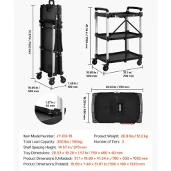 VEVOR Utility Cart, 300 lbs Capacity, 3 Tier Folding Service Cart with 360° Swivel Wheels (2 with Brakes), Heavy Duty Rolling with Trays & Side Tool Holder, Tool Storage for Garage Warehouse Workshop