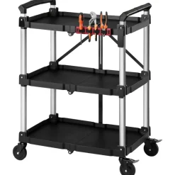 VEVOR Utility Cart, 300 lbs Capacity, 3 Tier Folding Service Cart with 360° Swivel Wheels (2 with Brakes), Heavy Duty Rolling with Trays & Side Tool Holder, Tool Storage for Garage Warehouse Workshop