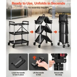 VEVOR Utility Cart, 300 lbs Capacity, 3 Tier Folding Service Cart with 360° Swivel Wheels (2 with Brakes), Heavy Duty Rolling with Trays & Side Tool Holder, Tool Storage for Garage Warehouse Workshop