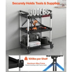 VEVOR Utility Cart, 300 lbs Capacity, 3 Tier Folding Service Cart with 360° Swivel Wheels (2 with Brakes), Heavy Duty Rolling with Trays & Side Tool Holder, Tool Storage for Garage Warehouse Workshop